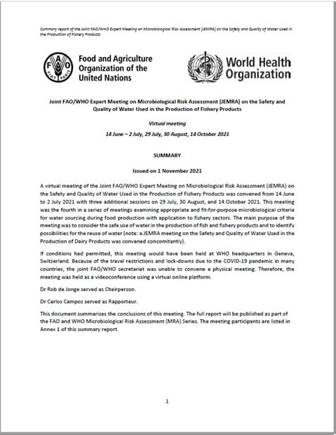Joint FAO/WHO Expert Meeting on Microbiological Risk Assessment on the Safety and Quality of Water Used in the Production of Fishery Products