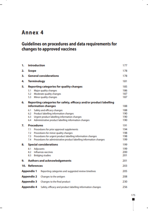 Guidelines on procedures and data requirements for changes to approved vaccines, Annex 4, TRS No 993