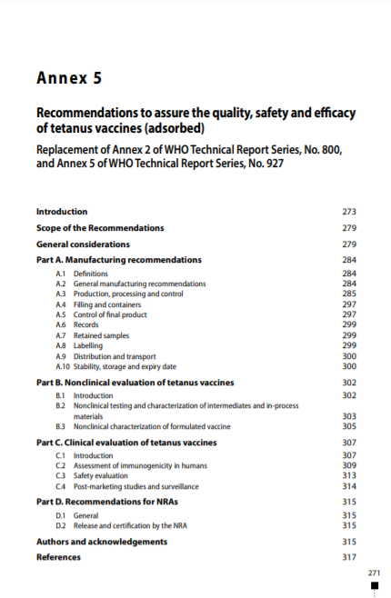 Recommendations to assure the quality, safety and efficacy of tetanus vaccines (adsorbed), Annex 5, TRS No 980