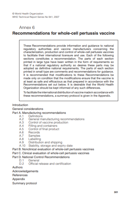 Recommendations for whole-cell pertussis vaccine, Annex 6, TRS No 941